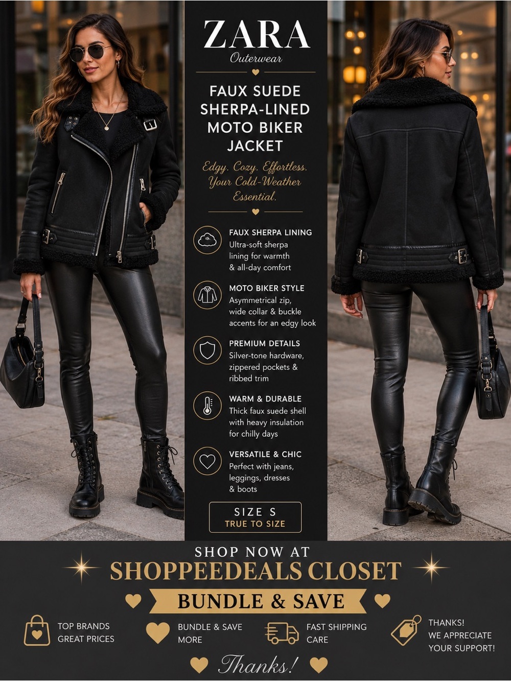 Zara Faux Suede Sherpa-Lined Moto Biker Jacket – Black – Women’s Small